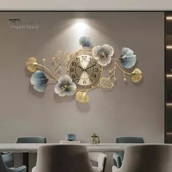 Большие настенные часы в стиле ретро с металлическим дизайном листьев гинкго, простая установка, не тикающие 3D бесшумные настенные часы, подвесное украшение золотистый