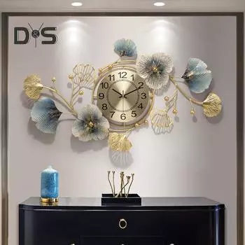 Большие настенные часы в стиле ретро с металлическим дизайном листьев гинкго, простая установка, не тикающие 3D бесшумные настенные часы, подвесное украшение золотистый