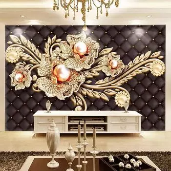 Большие Настенные Обои 3D Черный Драгоценный Камень Алмаз Жемчужный Цветок Европейский Стиль Гостиная Спальня ТВ Фон Настенная Роспись 200 cm(W) x 140 cm(H)