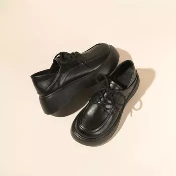Большие носовые туфли женские весенние кожаные туфли симпатичный стиль слипоны с круглым носком завязка толстая подошва маффин толстая подошва одинарные туфли женские 35