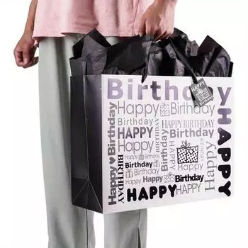 Большие подарочные пакеты белого и черного цвета с папиросной бумагой, подарочные пакеты с надписью «С днем рождения», в комплект входит поздравительная открытка, тонкая бумага, идеально подходит для дней рождения, вечеринок
