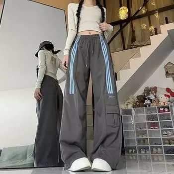 Большие полосатые спортивные брюки женские уличные брюки-карго Harajuku с широкими штанинами и высокой талией мешковатые спортивные брюки XXL