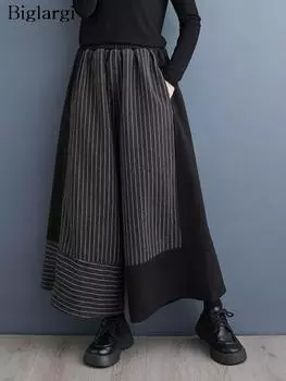 Большие полосатые весенние брюки женские широкие свободные плиссированные женские брюки эластичные с высокой талией модные повседневные женские брюки One Size