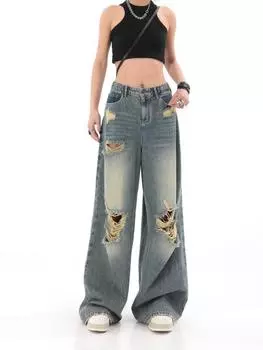 Большие потертые джинсы в американском стиле для женщин. Прямые джинсы свободного покроя с высокой талией для похудения и широкие брюки для швабры в стиле High Street Vibe. S синий