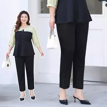 Большие повседневные брюки с инкрустацией из бриллиантов для полных девушек, свободные брюки для миниатюрных девушек и брюки с завышенной талией XL чёрный