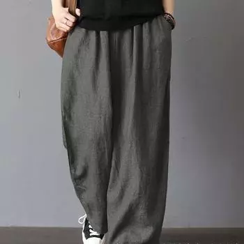 Большие повседневные брюки-шаровары из хлопка и льна, женские мешковатые винтажные брюки, модные спортивные брюки с высокой талией M чёрный