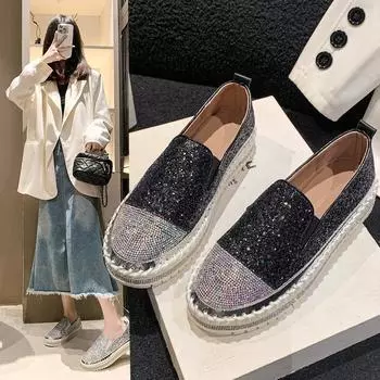 Большие повседневные одинарные туфли женские весенние новые на толстой подошве с плоским дном со стразами женские туфли 35 красный