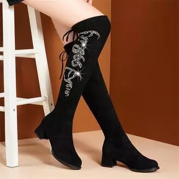 Большие повседневные сапоги до колена, осенне-зимние, на шнуровке, со стразами, на толстом каблуке, бархатные, эластичные, длинные сапоги 35-40 36
