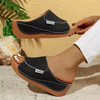 Большие повседневные тапочки на плоской подошве с толстой подошвой для женщин 2025 г. Новые однотонные простые модные тапочки с рыбьим ртом 36 чёрный