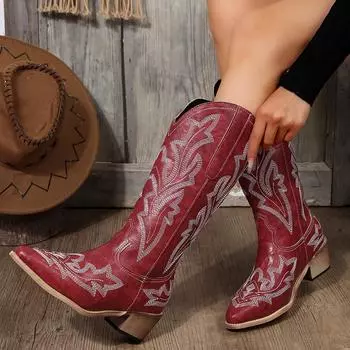 Большие повседневные вышитые ковбойские сапоги в стиле «вестерн», осенне-зимние, с промежуточной подошвой, толстый каблук, ПУ, ботинки Martin, остроконечные рыцарские туфли 36-43 36 красный