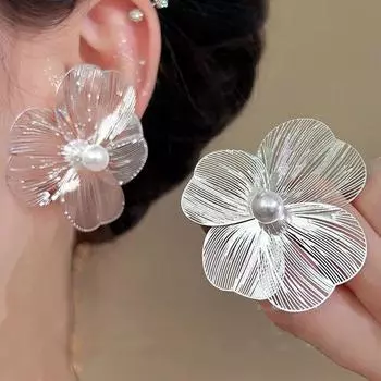 Большие преувеличенные серьги-гвоздики белого цвета с цветком для женщин и девочек, французские серьги с искусственным жемчугом, корейские свадебные романтические ювелирные изделия, подарки
