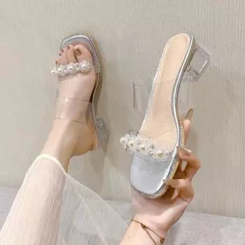 Большие прозрачные босоножки женские на высоком каблуке 2024 года, новый средний каблук, модная универсальная верхняя одежда на толстом каблуке, со стразами, классные тапочки 35 серебряный