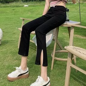 Большие ярды джинсы женские летние удобные эластичные тонкие открытые джинсы с высокой талией Micro Flare Nine Points с брюками Carrots Comfort Waist XS