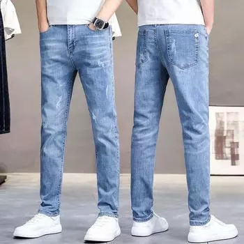 Большие размеры 2024 джинсы мужские узкие прямые корейский стиль модные эластичные светлые повседневные брюки летний тонкий стиль 32 синий