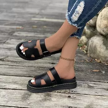 Большие размеры 2024 года, лето, новые, толстые, однотонные, на липучке, повседневные, с пряжкой на ремне, пляжные, классные, женские тапочки 36 чёрный