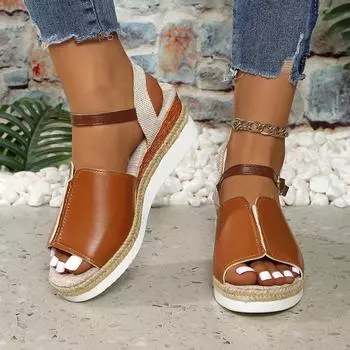 Большие размеры 2025 года, новые летние женские босоножки на танкетке из пеньковой веревки, повседневные пляжные сандалии с плоской подошвой и заостренным носком 36 коричневый