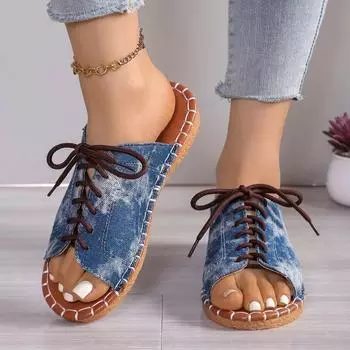 Большие размеры 2025 Лето Новые женские повседневные тапочки для улицы с открытым носком на шнуровке на низком каблуке для горячей продажи ежедневные римские сандалии 36 чёрный