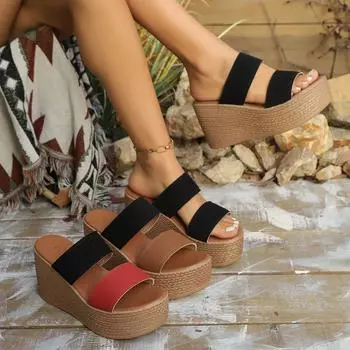 Большие размеры 2025 новые женские босоножки на танкетке тапочки кексы с толстой подошвой круглая носовая часть повседневные босоножки подходящего цвета партия 34 чёрный