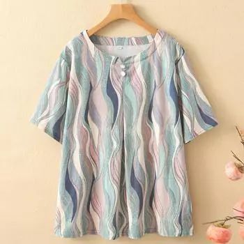 Большие размеры 2XL-7XL Блузки большого размера Женские топы Летние повседневные рубашки Свободные с коротким рукавом Элегантная одежда для женщин среднего возраста 2XL синий