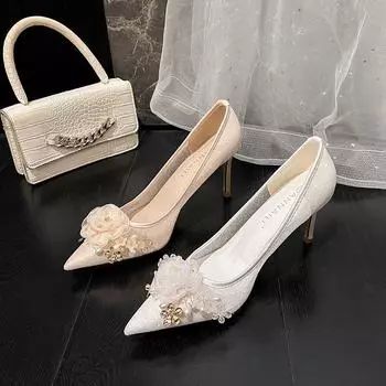 Большие размеры 33-41 Grace Mesh Flower свадебные туфли для вечеринки женские цветочные туфли невесты банкетные белые туфли подружек невесты на высоком каблуке 8 см цвета шампанского 35 шампанского