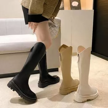 Большие размеры 34–42, новые женские ботинки с молнией сзади, простые осенние/зимние ботинки на толстой подошве и каблуке, ботинки длиной до колена 35 чёрный