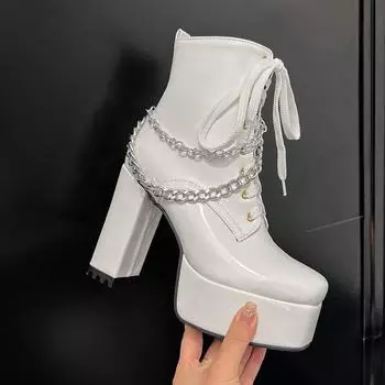 Большие размеры 34-43, новые модные лакированные кожаные ботильоны в стиле панк с квадратным носком для женщин, толстые ботильоны на платформе с цепочкой и молнией, белые 6