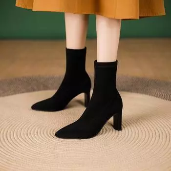 Большие размеры 34-45 женские замшевые ботильоны на шпильках с острым носком для офиса, короткие однотонные ботильоны черного цвета и телесного цвета 6