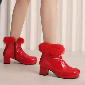 Большие размеры 34-48, женские ботильоны на осень-зиму из искусственной кожи, на платформе и каблуке 5 см, меховые украшения, теплые, женские свадебные туфли красного цвета 6