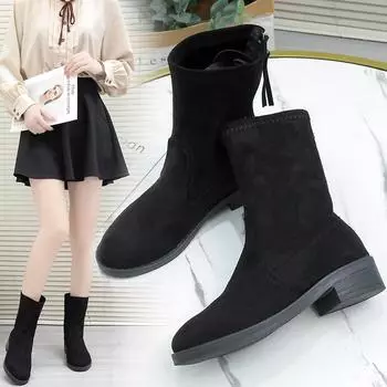 Большие размеры 35-43 Ботинки Marten женские новые зимние универсальные сапоги до середины икры на низком каблуке с молнией сзади 35 чёрный