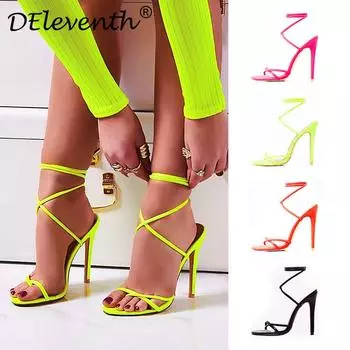 Большие размеры 35-43, новые модные женские туфли на высоком каблуке, яркие цветные женские босоножки со шнуровкой и высоким каблуком 5 зелёный