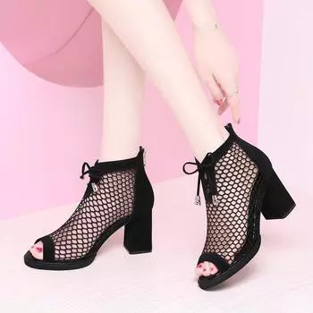 Большие размеры 35-43, новые модные туфли на высоком каблуке с застежкой-молнией «рыбий рот», модные повседневные женские большие размеры, дышащие сетчатые классные ботинки 43
