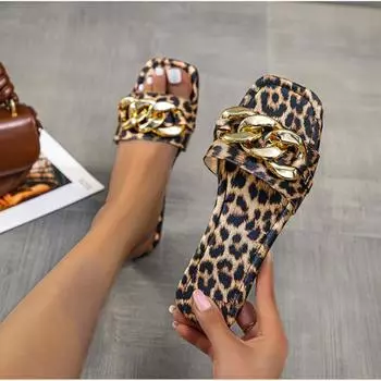 Большие размеры 35-43, женские леопардовые тапочки на плоской подошве, европейские и американские туфли на плоской подошве с металлической цепочкой и квадратным носком, женские сандалии, тапочки 43 белый