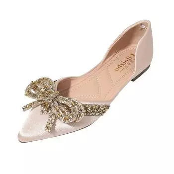 Большие размеры 35–43, женские туфли на плоской подошве с острым носком, блестящие туфли с бриллиантами и бантом для свадебной вечеринки, модные балетки без шнуровки для женщин и девочек 35 бежевый