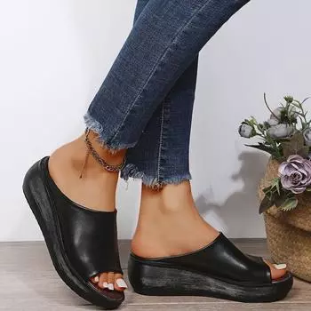 Большие размеры 35-44 Обувь для женщин Летние кожаные шлепанцы на платформе Клинья С открытым носком Уличная Пляжная Сандалии Женская обувь 35