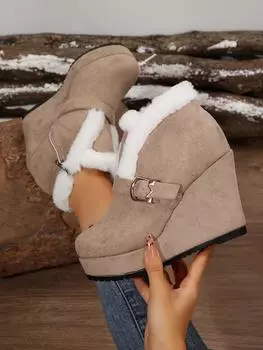 Большие размеры 36-43, новые модные ботинки с круглым носком и пряжкой для женщин, сексуальные ботильоны на платформе, каблуках, рукавах, средней длины, бочкообразные, замшевые 36 чёрный