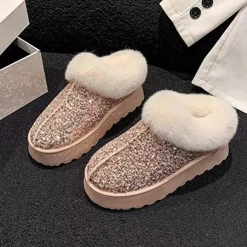 Большие размеры 36-43 Обувь для женщин Зимние сапоги 2024 Модные теплые зимние сапоги на платформе с пайетками Нескользящие утолщенные плюшевые ботильоны 36 чёрный