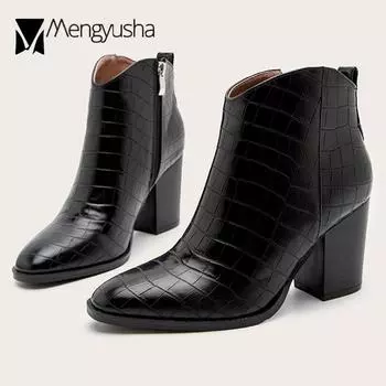 Большие размеры 36-43, женские ботинки из змеиной кожи, туфли на высоком толстом каблуке, шикарные короткие ботинки для верховой езды, европейские ботинки-змеевидные женские 6 чёрный