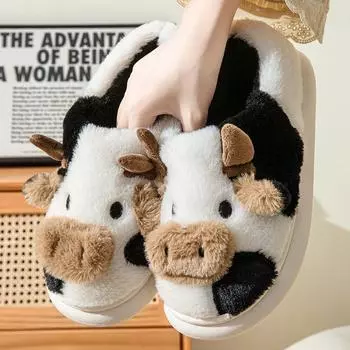 Большие размеры 36-45, унисекс, тапочки из коровьей кожи, женские, без застежек, домашняя обувь, милые плюшевые шлепанцы с изображением животных из коровьей кожи, женские мокасины на плоской подошве, для дома 36-37
