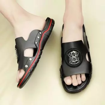 Большие размеры 39~49 из натуральной кожи телячьей кожи с вышивкой, пляжные сандалии, летние дизайнерские шлепанцы для мужчин, роскошная обувь 39