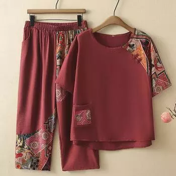 Большие размеры 3XL-8XL, женский комплект из двух предметов, летняя винтажная одежда, элегантные комплекты брюк большого размера 3XL кирпич красный