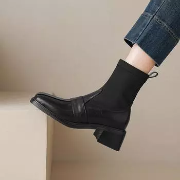 Большие размеры 40 41 42 43 осень-зима новые женские ботильоны в стиле пэчворк с квадратным носком на высоком каблуке без застежек эластичные носки ботильоны 35