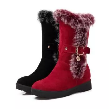 Большие размеры 40-50, зимние сапоги на низком каблуке из кроличьего меха, женские сапоги, металлические зимние сапоги, импортные средние сапоги Chengdu 34
