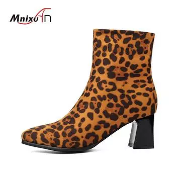 Большие размеры 41 42 43 Модные женские ботильоны с леопардовым принтом на толстом каблуке, осенне-зимняя обувь из флока, женские ботинки на молнии 35