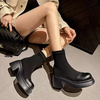 Большие размеры 41 42 43 Новые зимние ботильоны на платформе с круглым носком, женские лоскутные ботинки на толстом высоком каблуке с молнией в стиле панк-байкер 6
