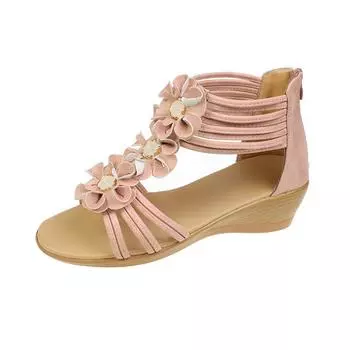 Большие размеры 41-43 Босоножки в стиле бохо с открытым носком женские на плоской подошве танкетка платформа летние новые римские сандалии с цветочным узором 35 чёрный