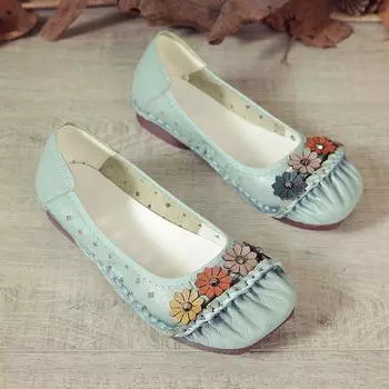 Большие размеры 42. Квадратный носок, ретро-цветочные туфли на плоской подошве, женские мокасины с вырезами и вырезами из натуральной кожи, дышащие женские мокасины. 4.5 розы красного