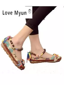 Большие размеры 42 Повседневные туфли на плоской подошве Женские туфли на плоской подошве с ремешками на щиколотке, украшенные бисером, Мокасины Zapatos Mujer Ретро Этническая вышитая обувь 4 хаки