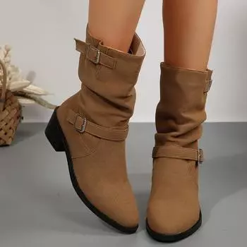 Большие размеры 43 женские сапоги европейские и американские модные короткие сапоги с пряжкой и складками осень-зима новые сапоги на плоской подошве женская обувь 35 чёрный
