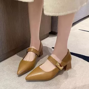 Большие размеры 43 женские туфли Мэри Джейн на высоком каблуке с острым носком и пряжкой на ремне, туфли-лодочки на низком каблуке для вечеринок, новинка 2025 года, женские балетки 35 чёрный