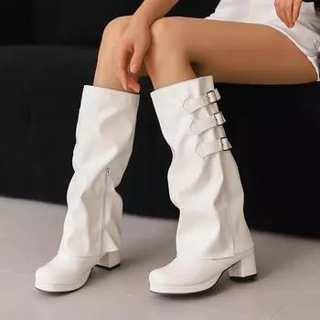 Большие размеры 45 46 48 зимние новые плиссированные брюки с круглым носком женские желтые белые с пряжкой на ремне на высоком каблуке рыцарские сапоги до колена 6